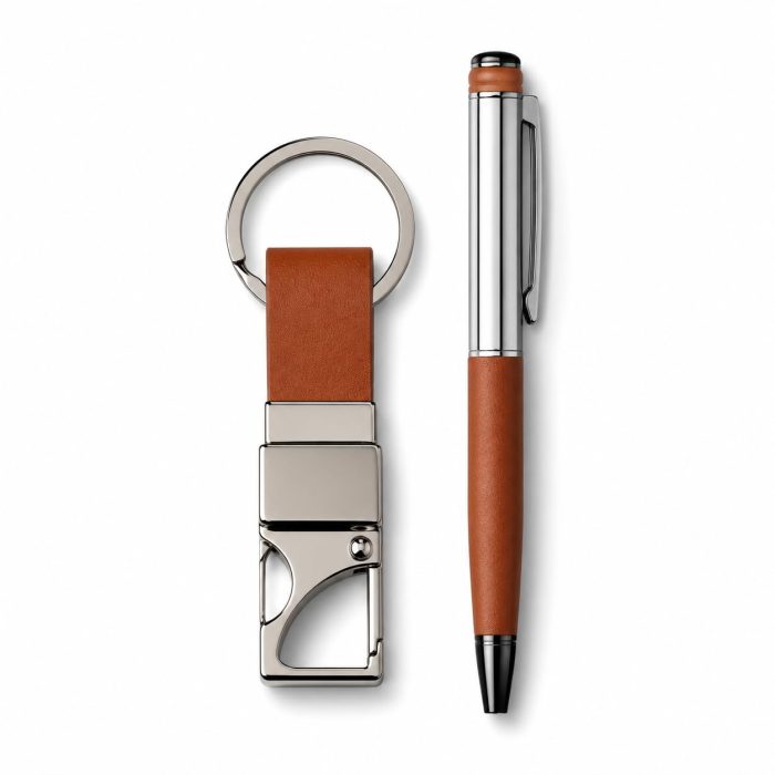 GLIQO Metal Ball Pen and Keychain Gift Set for Men and Women, Office Stationery Gift Combo with Writing Pen and Hook Keychain, Corporate Gift Set, Tan,Brown