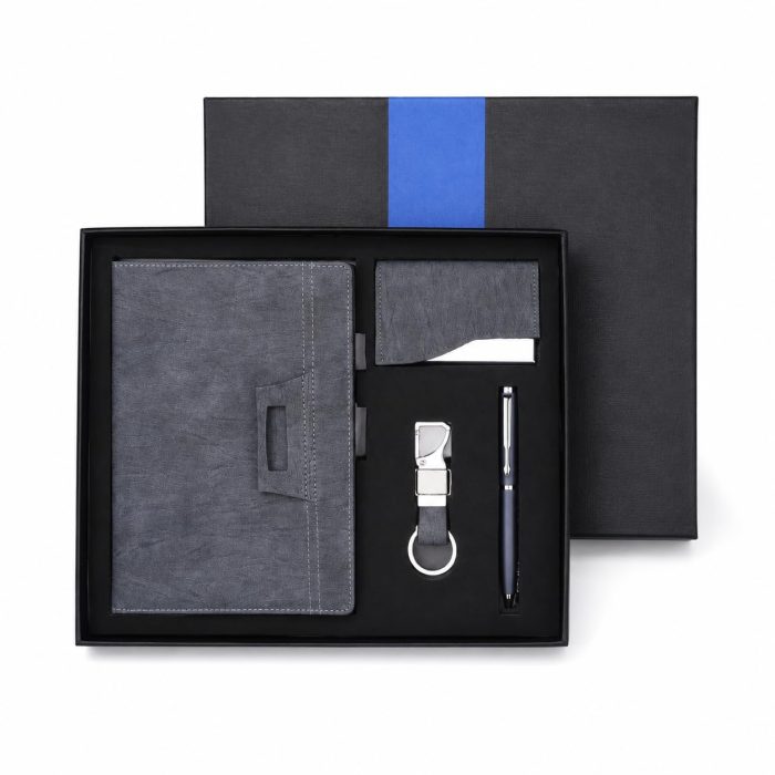 GLIQO Corporate Gift Set with Textured Notebook, Card Holder, Keychain and Pen, Office Stationery Combo in Gift Box for Employees, Clients and Events - Blue