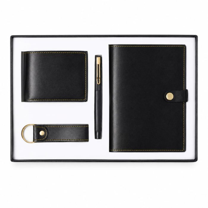 GLIQO 4 in 1 Corporate Gift Set for Men and Women, Leatherette Diary Notebook, Wallet, Pen and Keychain Gift Box Combo for Office, Employees, Business, Birthday and Festive Gifting - Black
